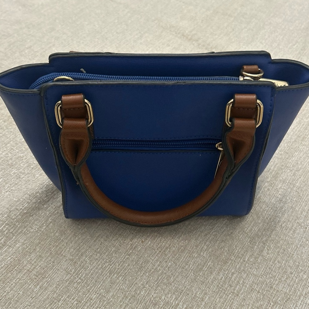 U.S. Polo Assn Satchel Handbag Blue w/Green Stripe Brown Handles Gold Hardware - Picture 4 of 14